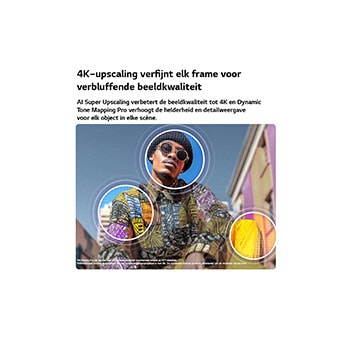 Een LG QNED AI QNED70 Mini LED met 4K Super Opschalen en Dynamic Tone Mapping laat een buitenopname zien van een man tussen kleurrijke gebouwen, terwijl AI de scène herkent en elk beeld opschaalt naar 4K-resolutie.